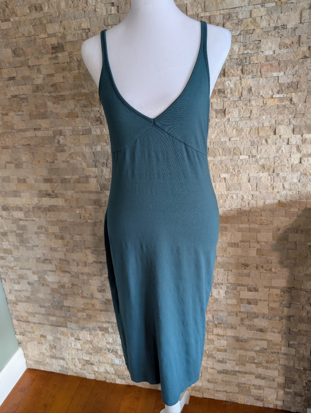 Wilfred Free Aritzia Teal Blue V-Neck Spaghetti Strap Midi Dress Bodycon Sz Med
